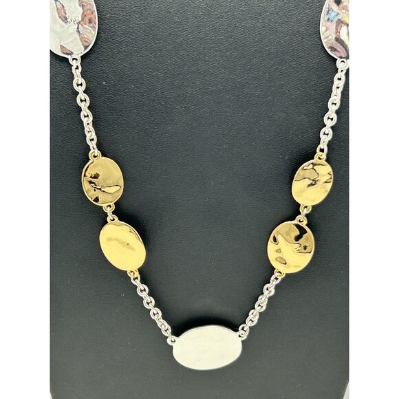 Swarovski Silver and Gold Tone Hammered Disc Necklace - Picture 2 of 7
